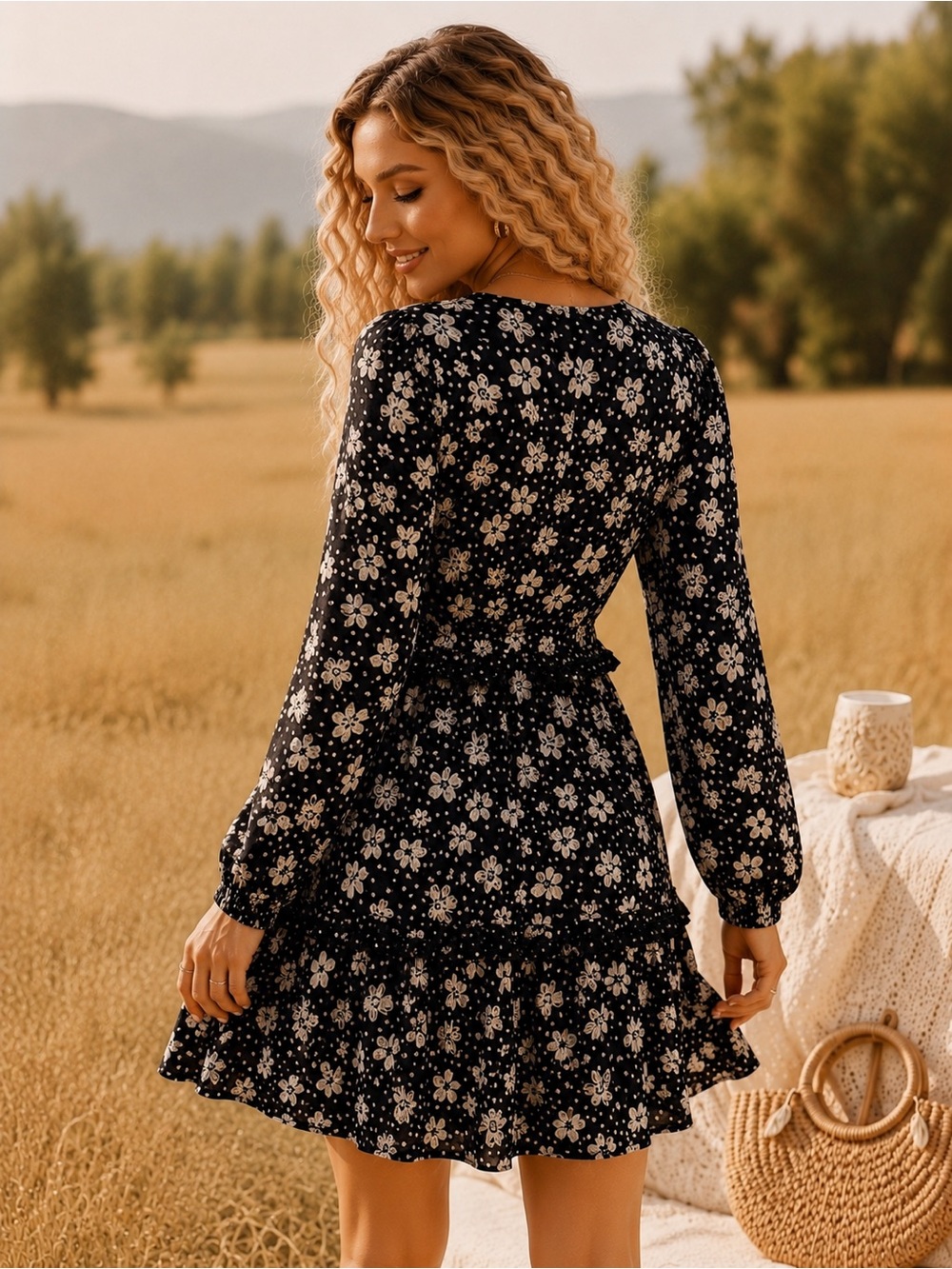 Angie Black Floral Long Sleeve Ruffle Mini Dress Boho Babydoll - Picture 4 of 10